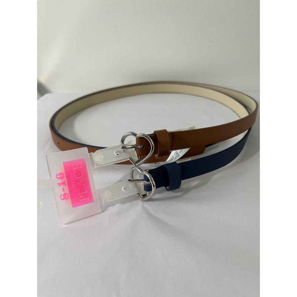 The Childrens Place Girls 2 Pack Heart Buckle Belts Navy Brown Size 8-16 NWT